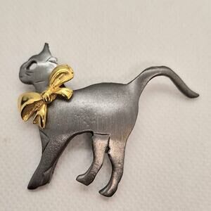 Ultra Craft Cat Brooch Vintage Pewter and Gold Tone